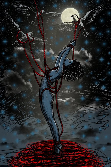 A dark, gothic-style illustration of a blue-skinned figure bound with red ropes reaching toward a moonlit sky with white birds, standing on a pool of red.