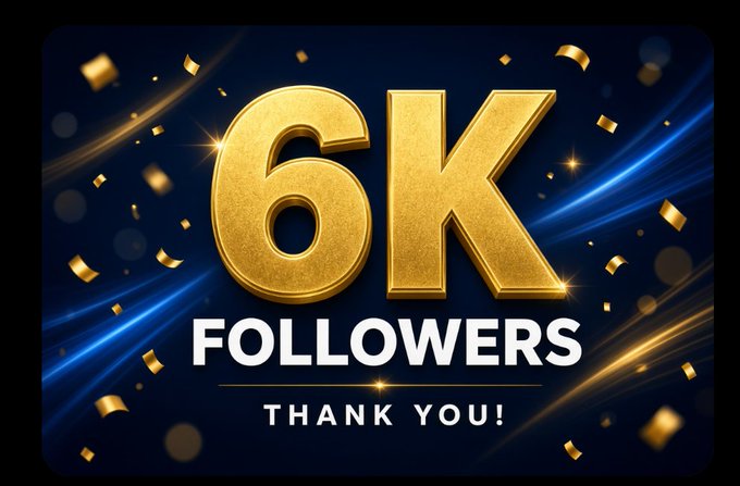 A celebratory graphic featuring a large gold "6K" and the text "FOLLOWERS" and "THANK YOU!" set against a dark blue background with gold confetti and light streaks.