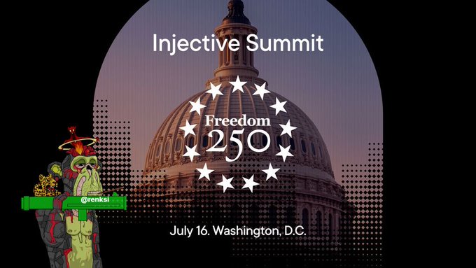 The image features a cartoon character holding a green book titled "INJECTSUMMIT" with a banner above them that says "FREEDOM 250". The character appears to be standing next to a building, possibly the U.S. Capitol in Washington D.C., which is also present in the background of the image. The cartoon character and the text are positioned such that they appear to be floating or hovering over each other. This creates an interesting visual effect and draws attention to both elements within the image.