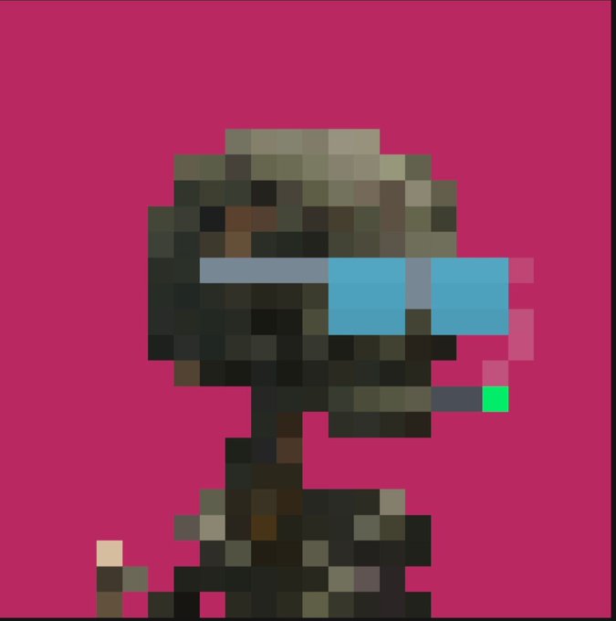 A pixel art image showing a figure with brown hair wearing blue sunglasses and a green outfit against a bright pink background.