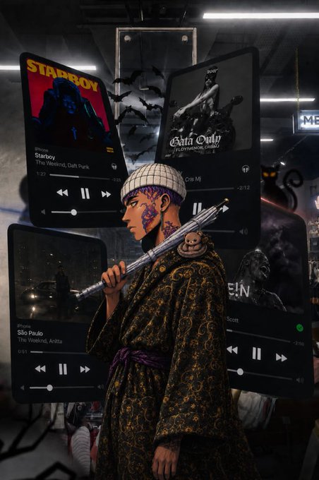 A stylized graphic featuring a tattooed figure holding a baseball bat, overlaid with floating smartphone screens displaying music players playing 'Starboy' by The Weeknd and 'Crisis' by Cita Culo.