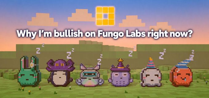 A pixel art promotional graphic displays the text "Why I'm bullish on Fungo Labs right now?" above a row of six cute character sprites including frogs, monsters, and party-hat figures in a Minecraft-style landscape.