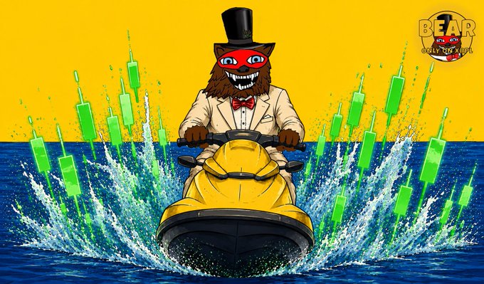 Illustration of a smiling bear wearing a top hat and red bow tie riding a jet ski across water, surrounded by rising green candlestick chart bars, with 'BEAR in town ONLY ON VOUCH' logo in the corner.