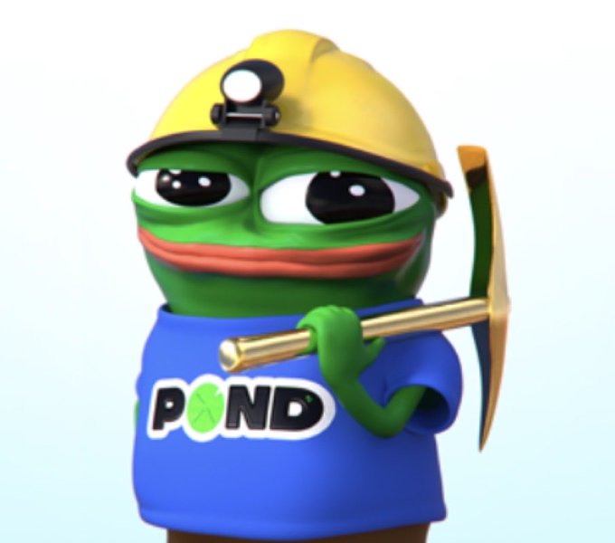 A 3D rendering of a Pepe the Frog character wearing a yellow miner's helmet with a headlamp and a blue shirt bearing the "POND" logo. The character is holding a golden pickaxe over his shoulder against a plain white background.