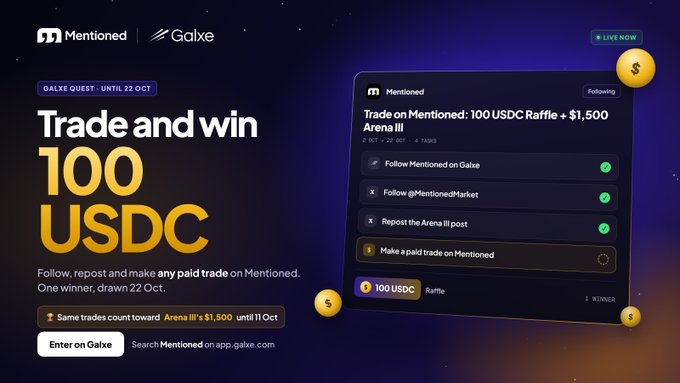 A promotional advertisement for Galxe and Mentioned offering 'Trade and win 100 USDC' through a Galxe Quest until October, displayed with task requirements.