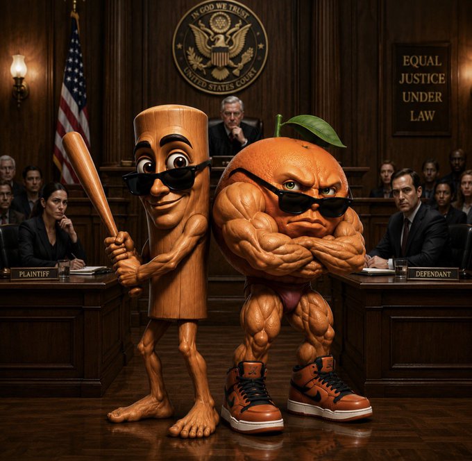 An anthropomorphic wooden bat wielding a club faces off against a muscular orange character wearing sunglasses and sneakers in a courtroom setting, with signs reading "PLAINTIFF," "DEFENDANT," and "EQUAL JUSTICE UNDER LAW" visible, alongside the U.S. Court seal and American flag. The image humorously ties to "drop your wallets bros" by depicting the orange fruit as a threatening, beefed-up legal adversary ready to take viewers' money in court.