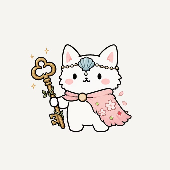 A cute cartoon illustration of a white cat-like character dressed in wizard attire, wearing a blue shell headpiece and holding a flower-topped golden key.