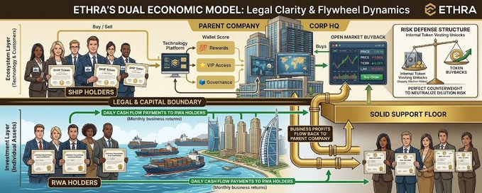 An infographic titled 'ETHRA'S DUAL ECONOMIC MODEL: Legal Clarity & Flywheel Dynamics' illustrating the relationship between Ship Holders, RWA Holders, and the Parent Company.