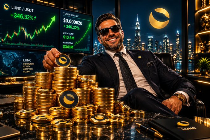 A promotional crypto image shows a suited man holding LUNC coins beside gold stacks, with charts reading “LUNC / USDT +346.32%↑,” “TERRA CLASSIC $0.000620 +346.32%,” “24H VOLUME $10.6M,” and “MARKET CAP $341M.”