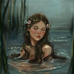 A painterly illustration of a young woman with long dark hair and small flowers in her hair, partially submerged in dark, atmospheric water with a muted color palette.