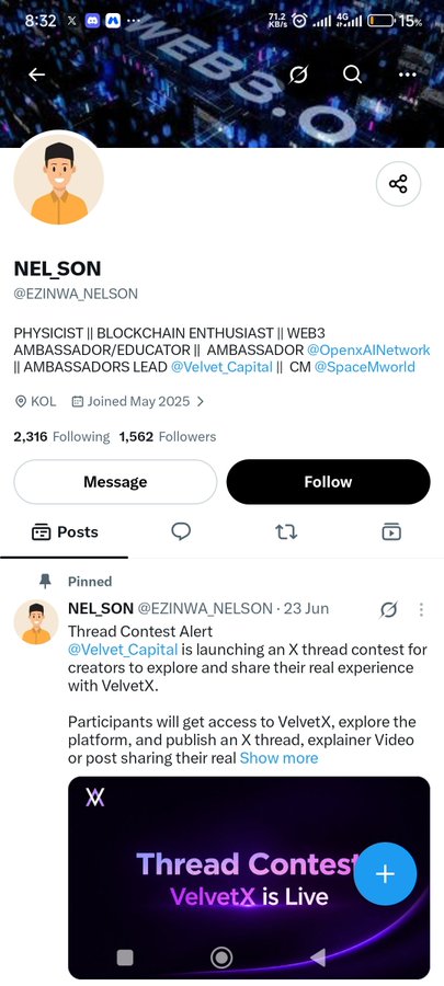 A mobile screenshot of an X (Twitter) profile for 'NEL_SON' (@EZINWA_NELSON), a Physicist and Blockchain Enthusiast, showing a pinned post announcing a Thread Contest by VelvetX.