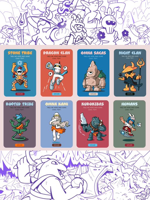 A poster featuring eight colorful cards titled with clan names like 'STONE TRIBE', 'DRAGON CLAN', 'OMNI SAGA'S', and 'NIGHT CLAN', each displaying a different stylized character.