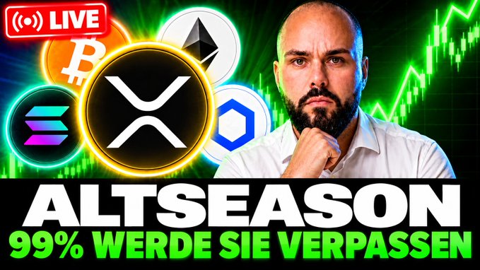 A YouTube thumbnail featuring a bearded man looking serious, overlaid with crypto coin icons (Bitcoin, Ethereum, XRP, Solana, etc.) and the bold text 'ALTSEASON 99% WERDEN SIE VERPASSEN' with a 'LIVE' badge in the top left.