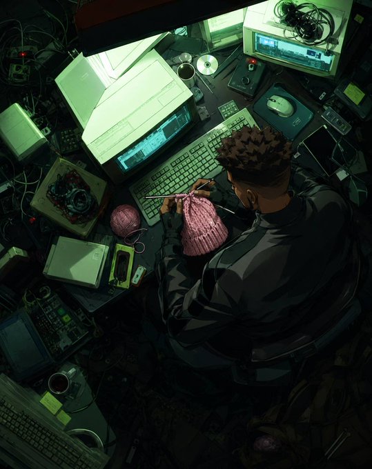 A person works diligently at a cluttered, electronics-filled desk illuminated by the glow of multiple monitors and computer parts, knitting a pink yarn hat by hand. The post "ONLY BULLIEVERS WILL WIN $BIF" suggests that despite the chaotic technical environment full of computer hardware, the creator's patient, hands-on craft symbolizes the dedication and belief (being a "bulliever") needed to win with the $BIF token.