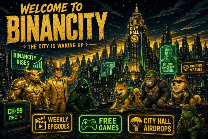 A promotional banner for 'BINANCITY - THE CITY IS WAKING UP' featuring crypto-themed mascots, neon signs, and a city skyline.