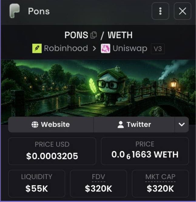 A crypto tracking interface displays the $PONS token priced at $0.00003205 with a $320K market cap, available on Robinhood and Uniswap v3, featuring a green-tinted illustration of a bespectacled character with a glowing leaf on a wooden bridge—visually reinforcing the poster's claim of having identified $PONS early at its $320K market cap.