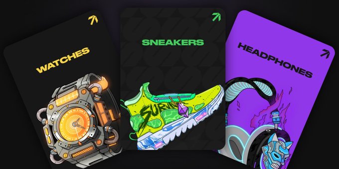 Three product cards displaying 'WATCHES' (mechanical orange watch), 'SNEAKERS' (neon yellow-green shoe), and 'HEADPHONES' (skull-themed design) with arrow icons.