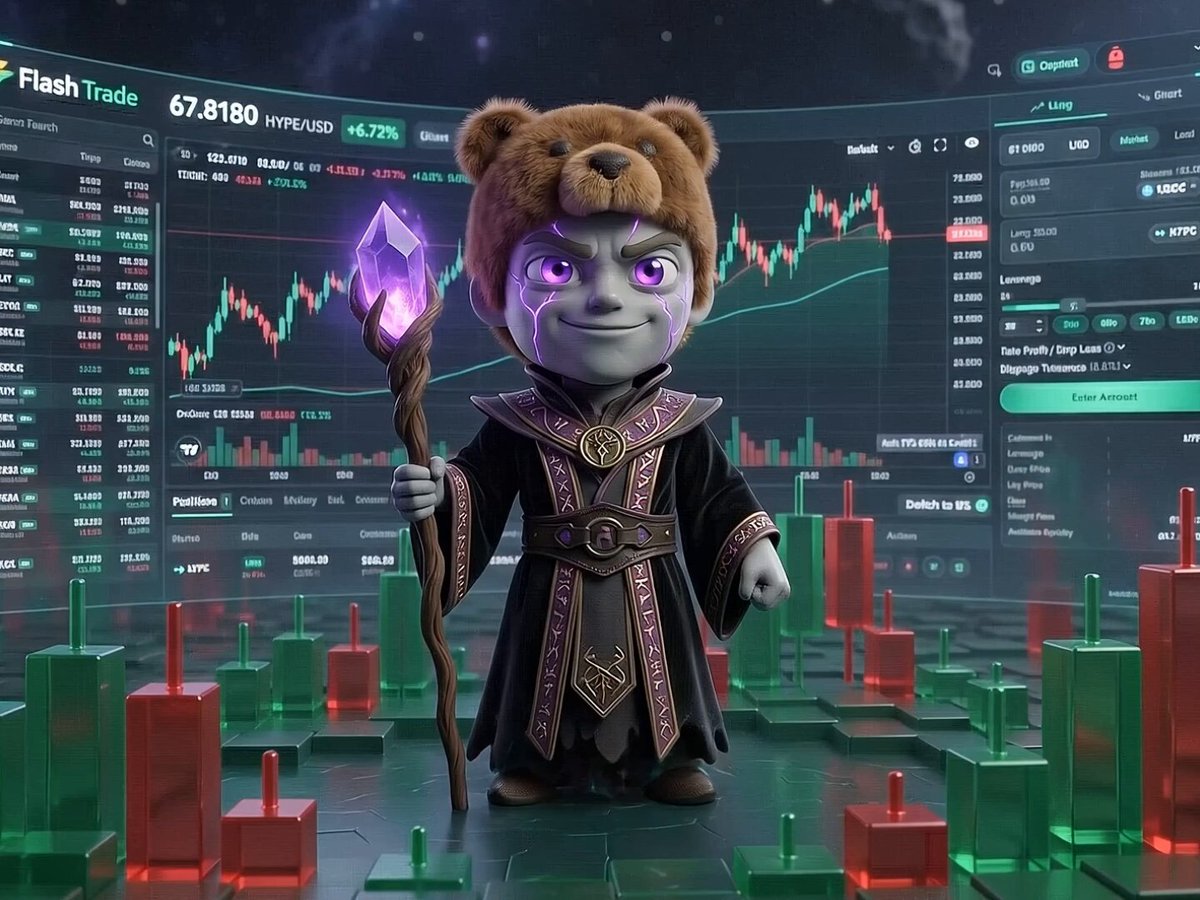 The image features a cartoon character dressed in a black robe with a brown teddy bear hat sitting behind him on a digital screen displaying financial charts and indicators of stock trading activities. The text accompanying this image reads, "The recipe for a perfect Sunday trade FlashTrade V2 New $HYPE ATH at $69.98 Price powered by Pyth Privacy by MagicBlock So simple, so seamless".