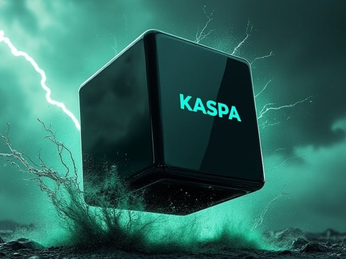 A glowing black cube emblazoned with the word "KASPA" hovers dramatically amid green-lit stormy skies, crackling lightning, and swirling debris—visually echoing the post's announcement of Kaspa's breakthrough "DAGKnight" protocol arriving with electrifying impact.