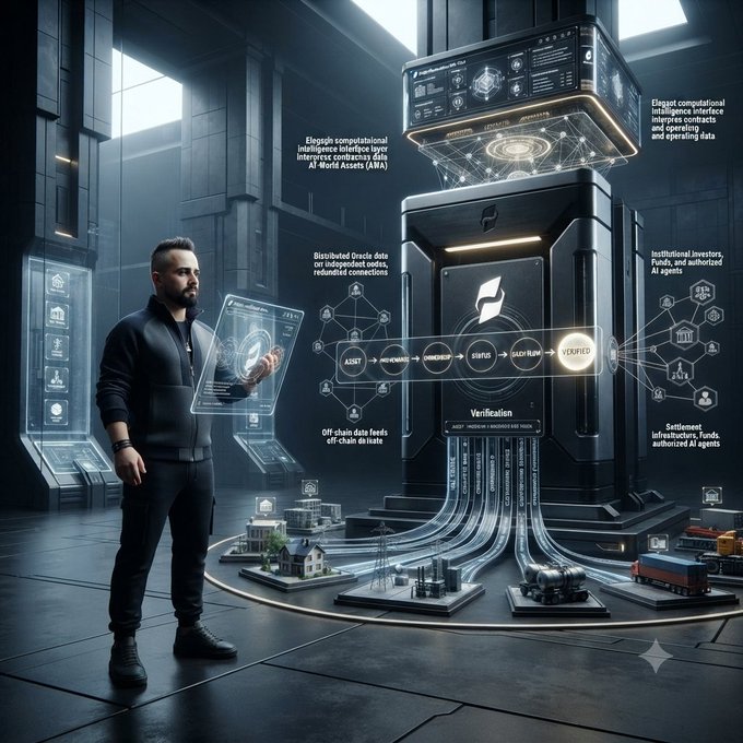 A digital artwork showing a man in black interacting with a holographic interface connected to a large futuristic machine labeled 'Verification', illustrating concepts like 'Distributed Oracle Data', 'Off-chain data Feeds', and 'Settlement Infrastructure'.