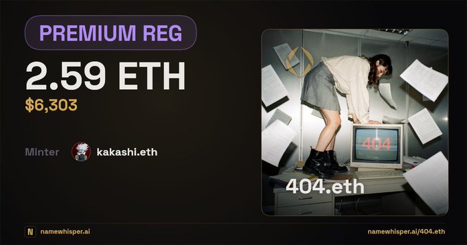 Promotional graphic for 'PREMIUM REG' domain pricing at '2.59 ETH' ($6,303), minted by 'kakashi.eth', featuring an image of a woman interacting with a computer showing a '404' error.