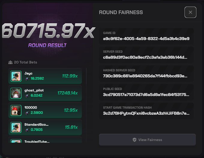 The image displays a Crash game round result showing an impressive 60715.97x multiplier, alongside a list of player bets including top earners like "ghost_pilot" who won 17248.14x, and round fairness details with game ID "a9c9f62e-4005-4a59-8322-4d5a3b4c39e9" on the solpump.io platform. This supports the post's claim of a rare 60k multiplier Crash round, highlighting the potential for massive wins available on the platform.