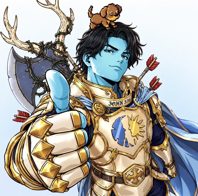 A blue-skinned anime-style knight giving a thumbs-up, wearing gold armor with a 'JOHN 3:16' inscription, with a small brown creature on his head, arrows in his quiver, and a large axe on his back.
