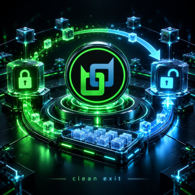 Futuristic 3D digital artwork showing a glowing green and blue data exchange system with padlock icons and interconnected cubes, labeled 'clean exit' at the bottom.
