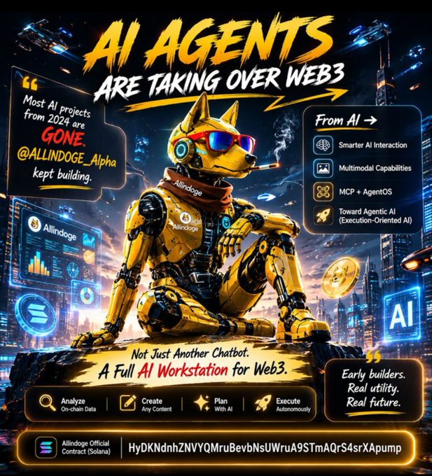 A promotional poster for "AI Agents Are Taking Over Web 3" features a yellow robot with sunglasses, accompanied by text and icons related to the project's goals and benefits.