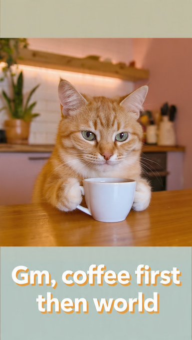 An image of an orange tabby cat holding a white coffee cup with its paws, accompanied by the text 'Gm, coffee first then world'.