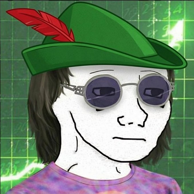 A Wojak-style meme character wearing a green Robin Hood-style hat with a red feather, round purple sunglasses, and a tie-dye shirt against a green grid background.