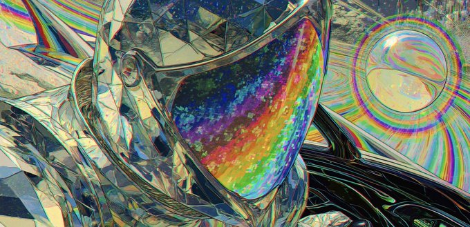 Vibrant, colorful digital artwork showing what appears to be a helmet or face-like structure with a rainbow-reflective visor, surrounded by iridescent, prismatic effects.