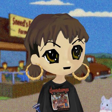 An anime-style chibi avatar of a person with brown hair, gold hoop earrings, and a black 'Goosebumps' t-shirt, set against a background resembling the Simpsons' Kwik-E-Mart.