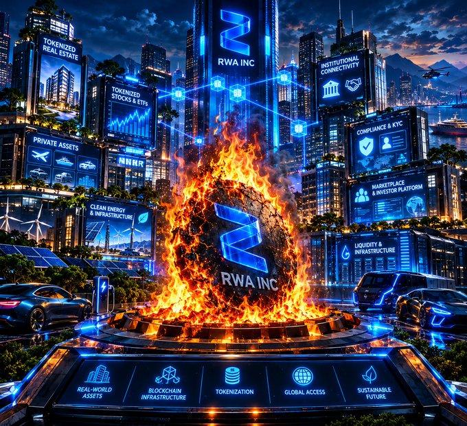 A futuristic digital illustration shows a futuristic city with skyscrapers labeled 'RWA INC', 'TOKENIZED REAL ESTATE', 'INSTITUTIONAL CONNECTIVITY', 'COMPLIANCE & KYC', 'MARKETPLACE & INVESTOR PLATFORM', 'LIQUIDITY & INFRASTRUCTURE', 'CLEAN ENERGY & INFRASTRUCTURE', and 'TOKENIZED STOCKS & ETFS', centered around a flaming 'RWA INC' monolith.