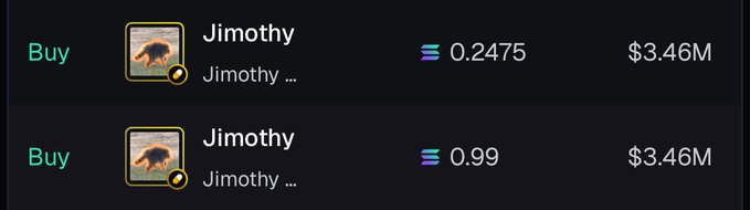 A crypto trading interface showing two buy listings for the token 'Jimothy' on the Solana network, priced at 0.2475 and 0.99 SOL respectively, both with a market cap of $3.46M.