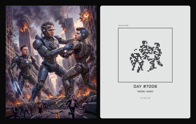 A digital art piece titled 'Nomnie #0' labeled 'DAY #7008: MODEL WARS' dated 07.08.26, showing a pixelated character design alongside a cinematic illustration of humans fighting robots in a burning city.