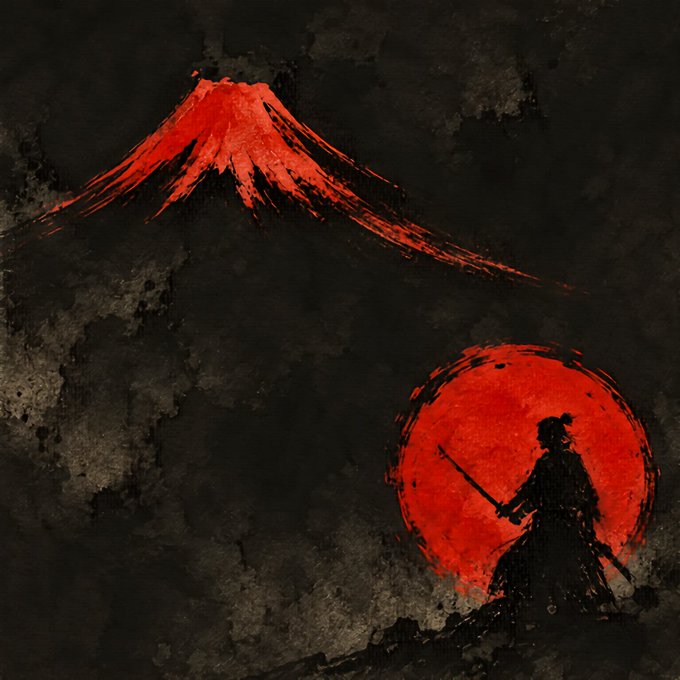 A lone samurai stands silhouetted against a glowing red sun, with the iconic peak of Mount Fuji rendered in crimson brushstrokes above, evoking themes of solitary vigilance and quiet strength. The image serves as the cover art for "Simple Fuji Art," a scarlet-hued piece from the collection listed for 1.11 XTZ on Tezos.
