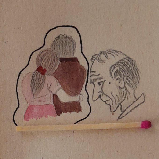 A hand-drawn illustration on cardboard depicting a girl hugging a figure from behind alongside a man's portrait, with a wooden matchstick placed below for scale.