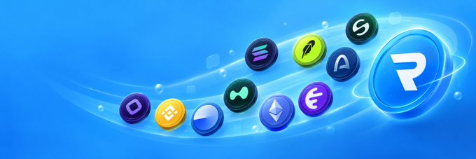 A vibrant blue banner displays the Raydium "R" logo alongside various cryptocurrency token icons (including SOL, ETH, BTC-like symbols, and others) orbiting along a glowing light path. The image relates to the post by showcasing the Raydium ecosystem where the new token migration is taking place.
