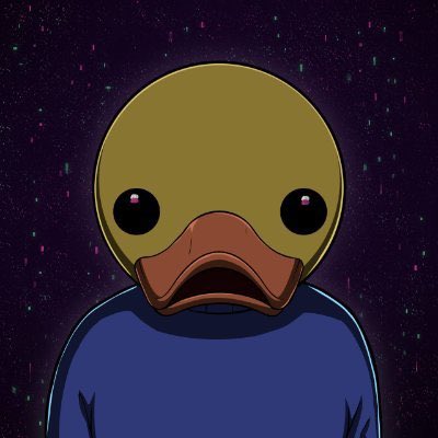 A digital illustration of a character with a duck-like bill, large black eyes, and a yellow head wearing a dark blue hoodie against a dark starry background with colorful pixel-like streaks.