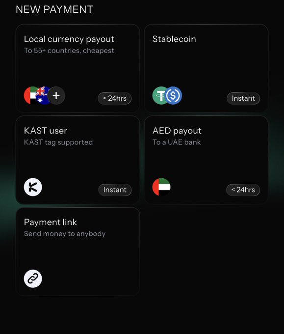The image shows a "NEW PAYMENT" screen from the Kast app displaying five payment options: Local currency payout (to 55+ countries, <24hrs), Stablecoin (Instant), KAST user (KASt tag supported, Instant), AED payout (to a UAE bank, <24hrs), and Payment link (Send money to anybody). This relates to the post by illustrating the variety of payment and transfer methods available in the Kast app after users download it and use the referral code "HASH" for cashback.