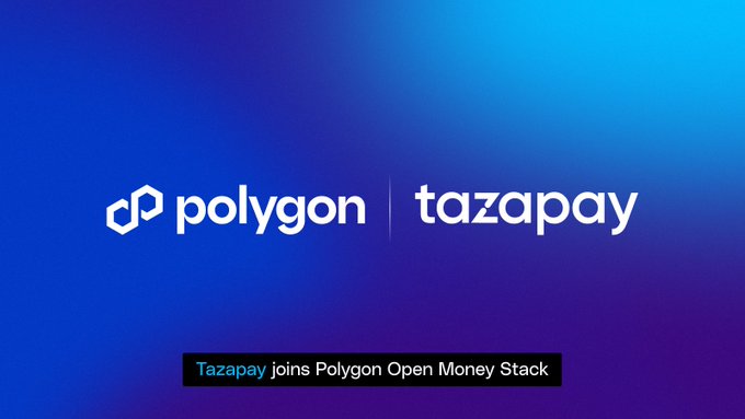 The image displays the logos of "polygon" and "tazapay" side by-side against a blue gradient background, with the caption "Tazapay joins Polygon Open Money Stack" below, announcing the partnership between the two companies described in the post.