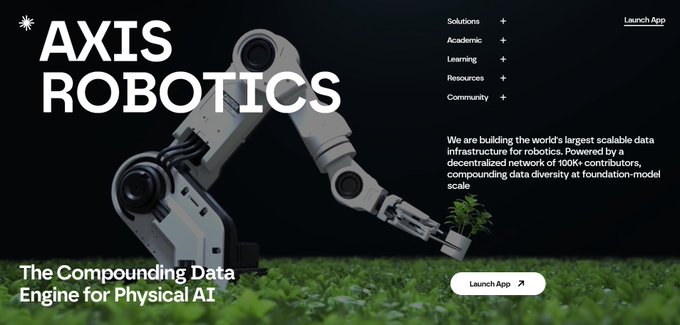 The image shows a landing page for "AXIS ROBOTICS" featuring a robotic arm grasping a small plant against a mossy background, with their tagline "The Compounding Data Engine for Physical AI" and a description claiming to build "the world's largest scalable data infrastructure for robotics." The post discusses skepticism around @axisrobotics, with the image serving as visual evidence of the project's aesthetic and messaging—prompting scrutiny given the bold claims ("world's largest," "decentralized network of 100K+ contributors") that the poster is investigating.