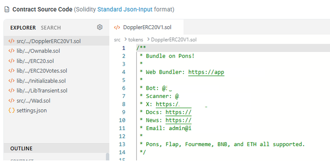 The image shows a Solidity smart contract source code file (DopplerERC20V1.sol) being viewed in an IDE, with the contract's NatSpec documentation openly listing the project's bundler app (https://app), bot "@", scanner, x.com page, docs, news, and admin email "admin@1", along with a note stating "Pons, Flap, Fourmeme, BNB, and ETH all supported." This visually supports the claim that the meme coin launch bundle details—including the bundler used to snipe tokens at launch—are being left publicly visible on-chain in the contract itself, rather than hidden.