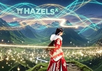 A fantasy-style scene shows a woman in a red-and-white patterned outfit standing in a mountain valley beneath glowing light trails, with “₮ HAZELS” displayed at the top.