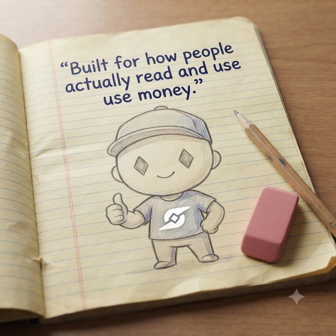 A pencil sketch of a cartoon character in a cap giving a thumbs-up while wearing a shirt with the Web3 logo, drawn on a lined notebook page with the text "Built for how people actually read and use money." beside it, a pencil and pink eraser resting on the page. The image visually reinforces the post's point by illustrating a user-friendly, human-centered design approach that contrasts with Web3 apps' tendency to launch in a single language and prioritize functionality over accessibility for diverse global users.