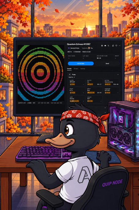 A cartoon illustration of a duck-like character wearing a red bandana sitting at a gaming setup with a rainbow keyboard and RGB-lit PC, with a monitor displaying 'Quantum Echoes #112567' and financial/trading data.