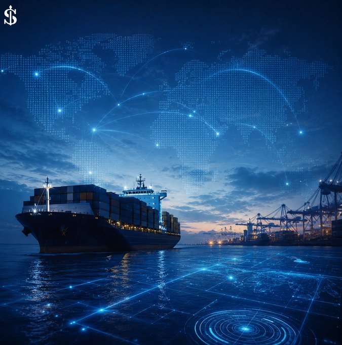 A large container ship sails at dusk against a backdrop of a glowing digital world map and connected network nodes, with port cranes visible on the horizon and a stylized "$" logo in the upper left corner. The image visually reinforces the post's message about @EthraShip by symbolizing global trade being streamlined through a connected, user-friendly ecosystem that reduces complexity for both users and developers.