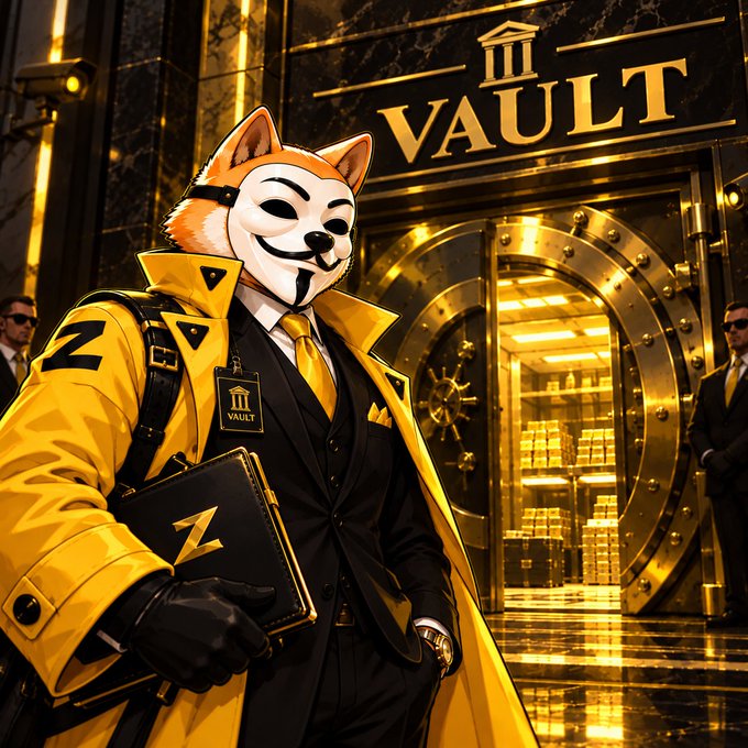 A character wearing a yellow trench coat and a fox mask with 'Z' insignia holds a black folder in front of an open gold vault door marked 'VAULT'.
