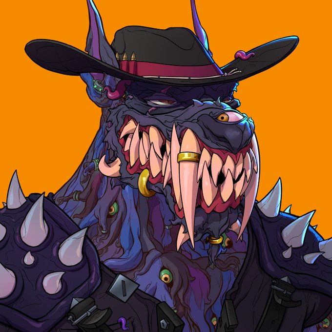 A stylized digital illustration of a monstrous creature wearing a black cowboy hat with a red band, featuring purple skin, multiple eyes, sharp fangs, gold rings, and spikes on its shoulders against an orange background.